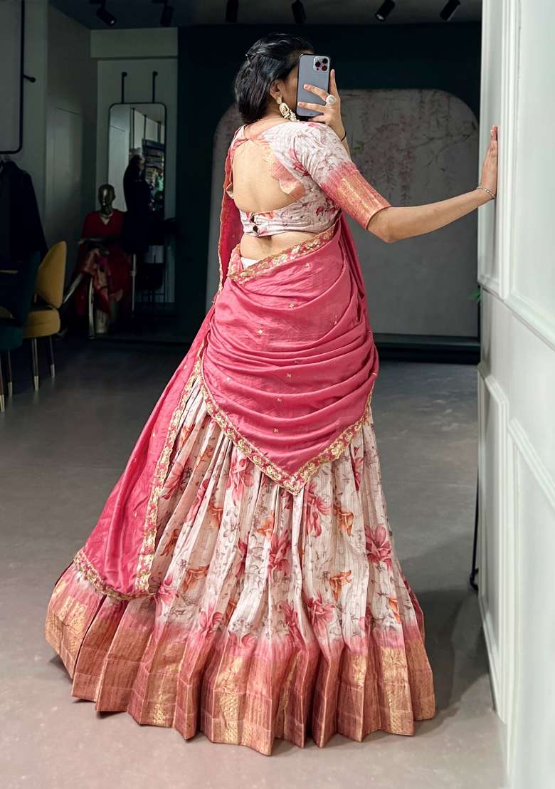 Red Printed Dola Chex Lehenga Set - Indya
