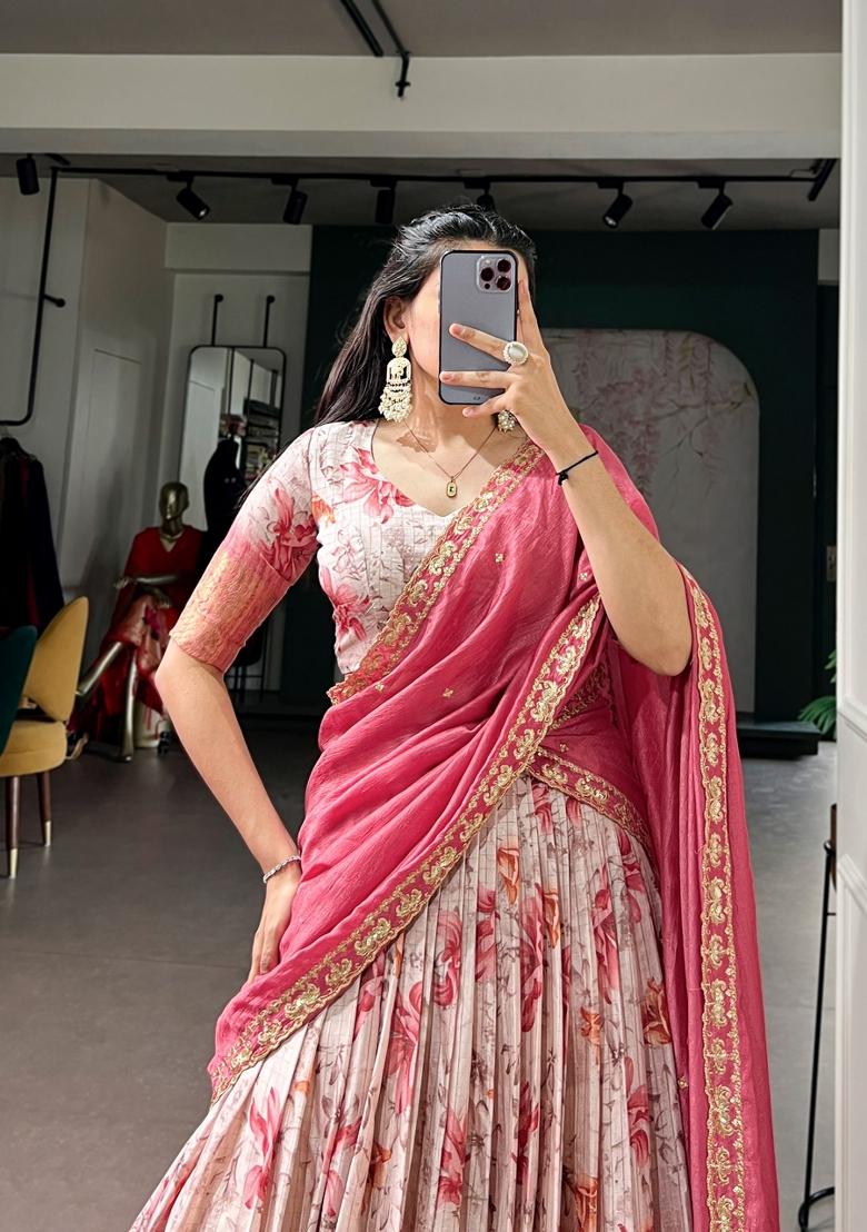 Red Printed Dola Chex Lehenga Set - Indya