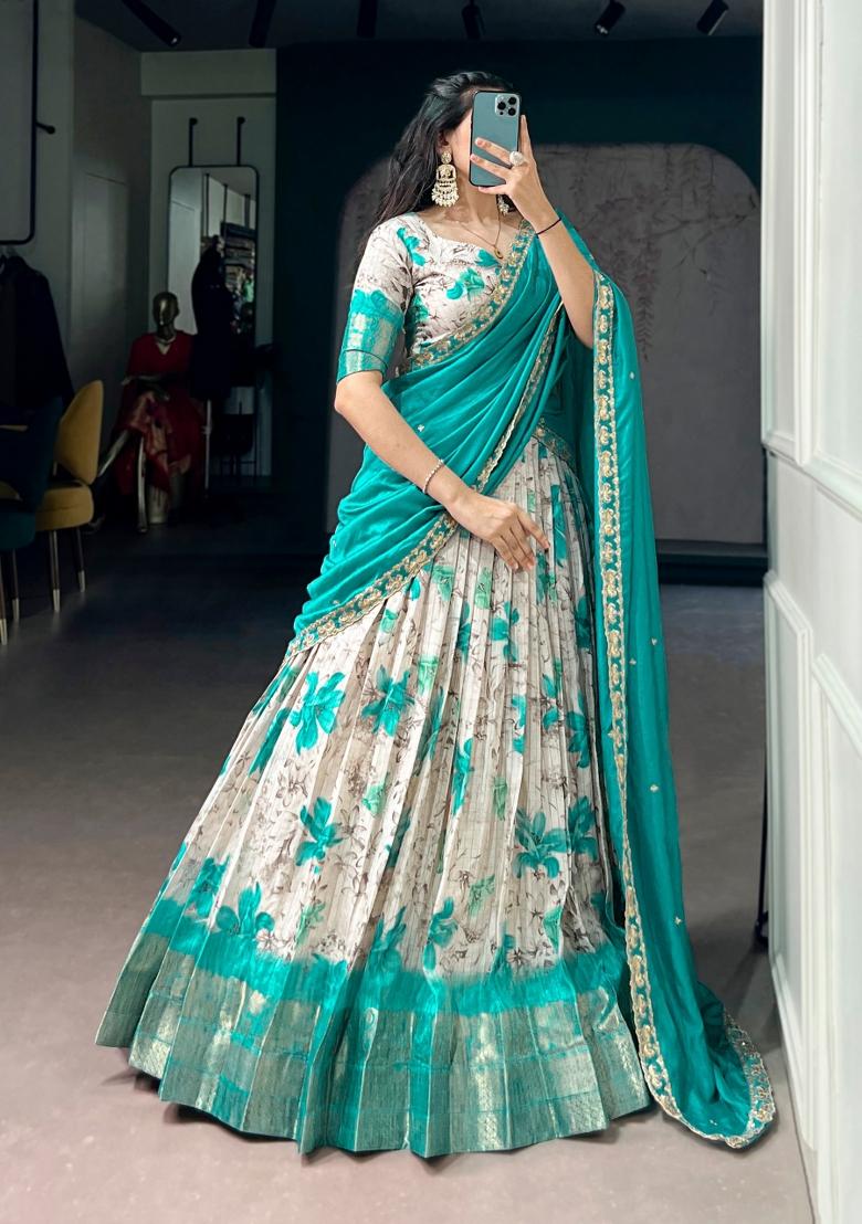 Teal Printed Dola Chex Lehenga Set - Indya