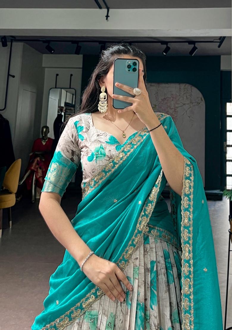 Teal Printed Dola Chex Lehenga Set - Indya