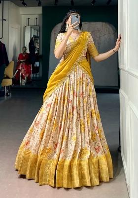 Yellow Printed Dola Chex Lehenga Set
