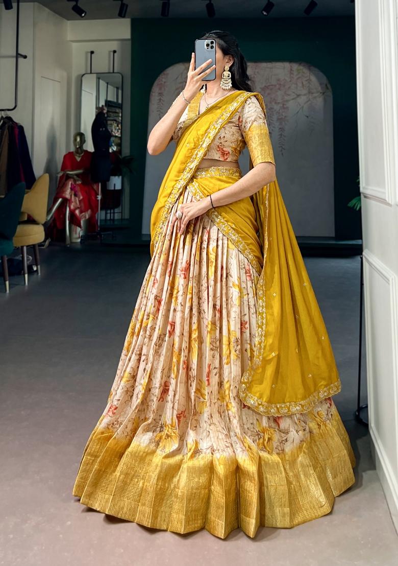 Yellow Printed Dola Chex Lehenga Set - Indya
