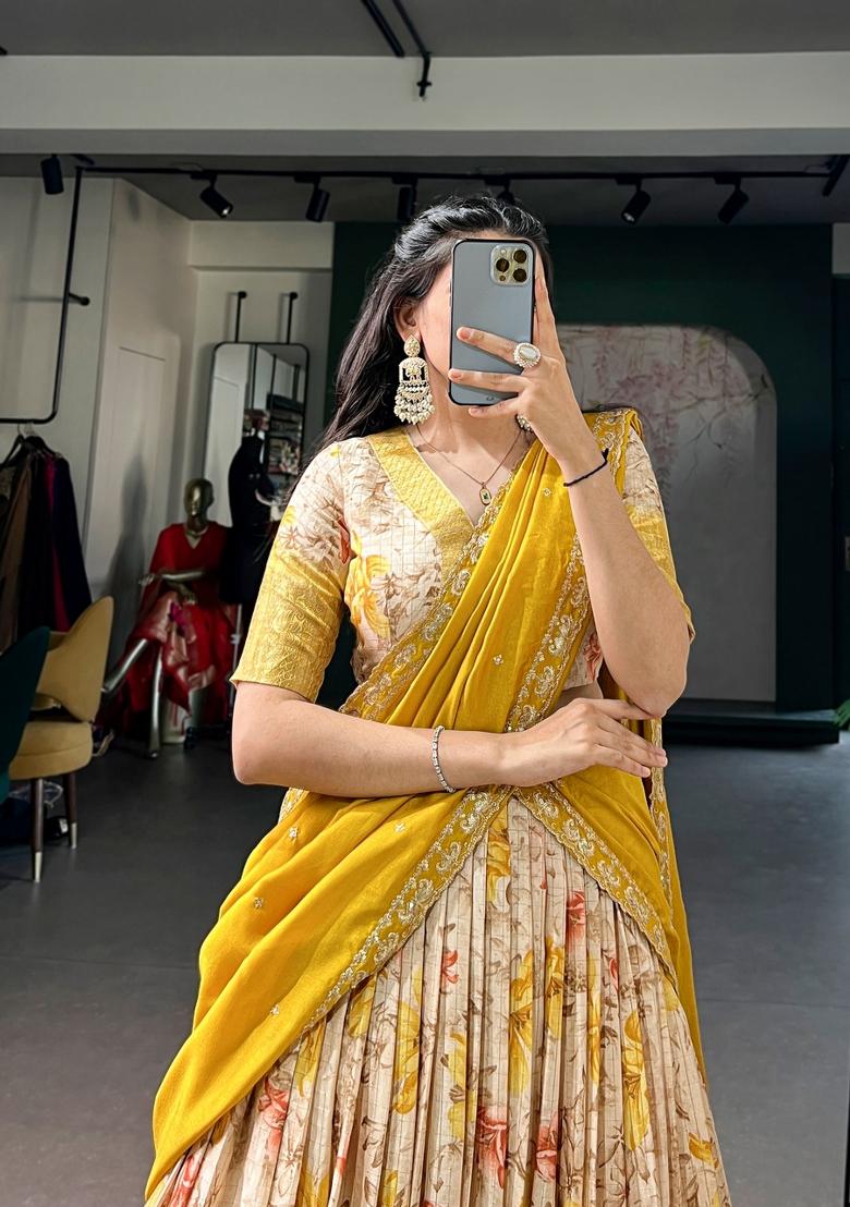 Yellow Printed Dola Chex Lehenga Set - Indya