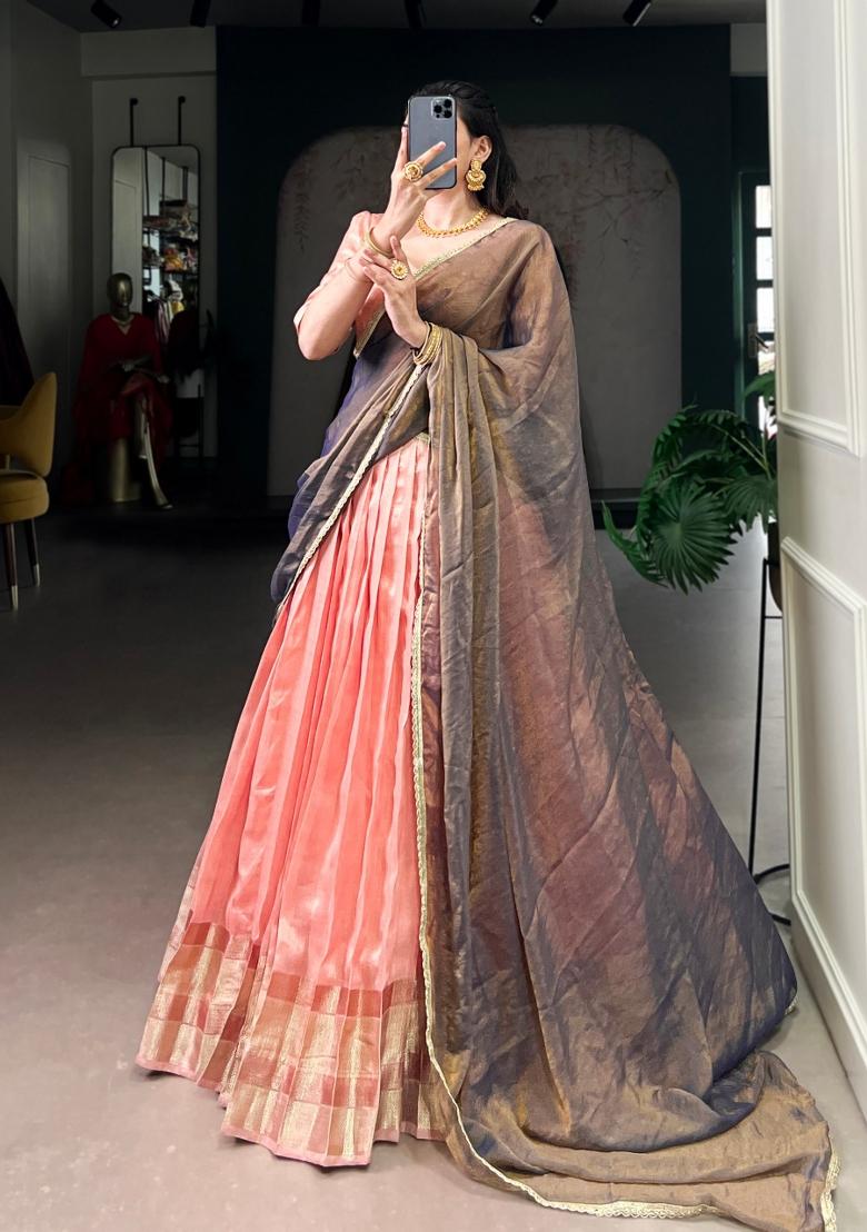 Light Pink Zari Weaving Silk Lehenga Set - Indya