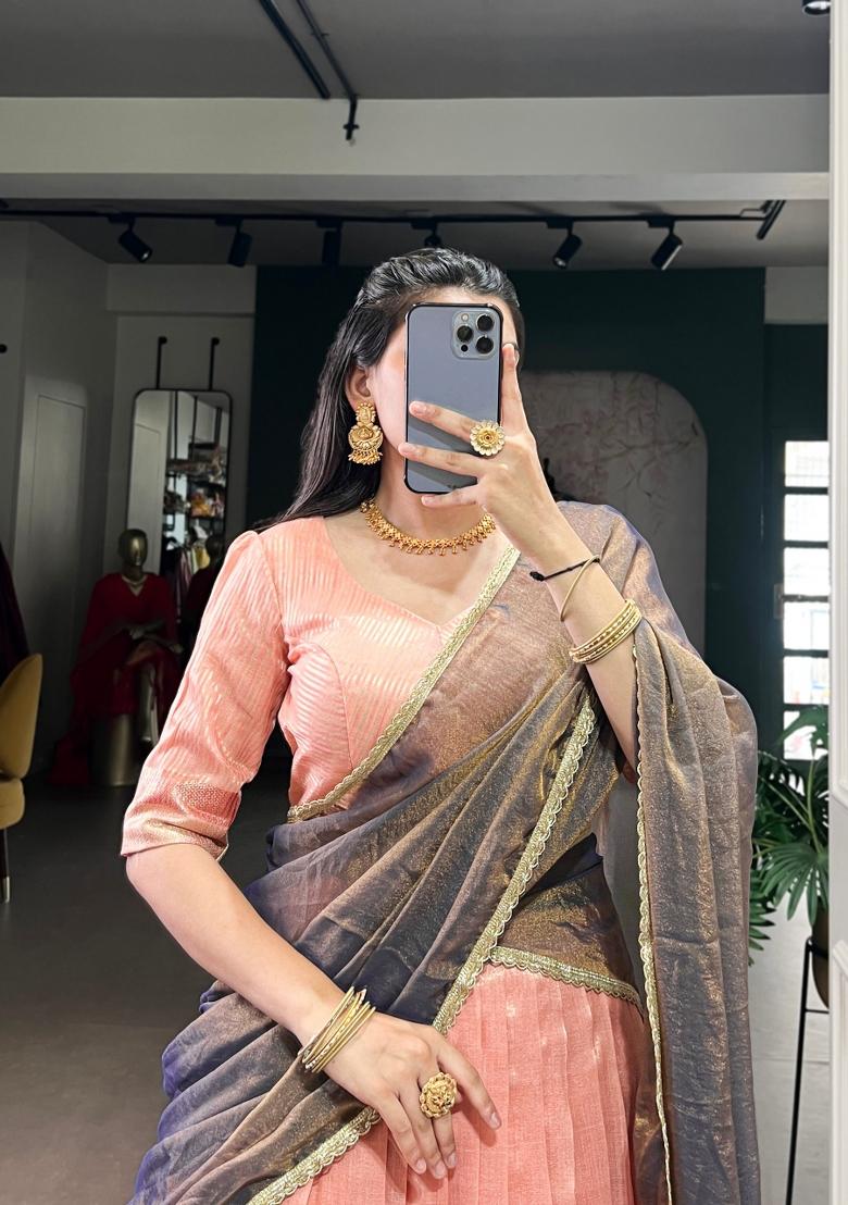 Light Pink Zari Weaving Silk Lehenga Set - Indya