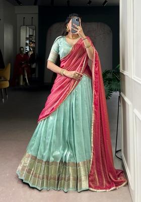 Sky Blue Zari Weaving Silk Lehenga Set