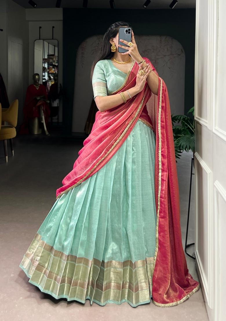 Sky Blue Zari Weaving Silk Lehenga Set - Indya