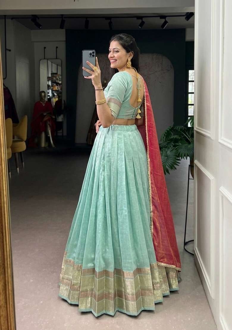 Sky Blue Zari Weaving Silk Lehenga Set for Diwali | Wedding & Festive Wear - Indya