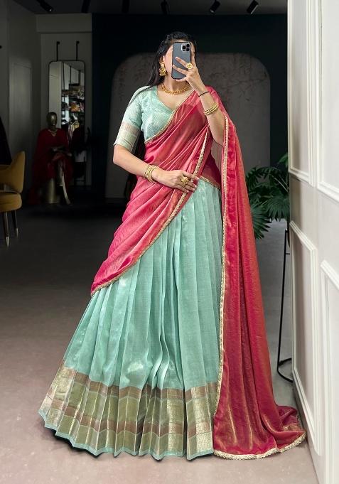 Sky Blue Zari Weaving Silk Lehenga Set