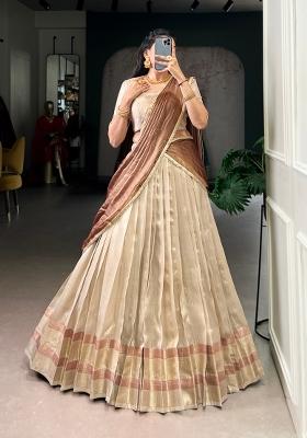 Cream Zari Weaving Silk Lehenga Set
