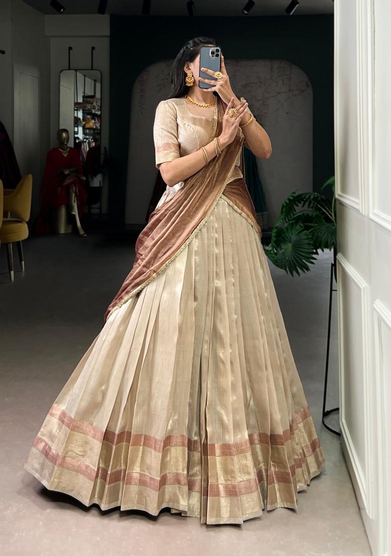 Cream Zari Weaving Silk Lehenga Set - Indya