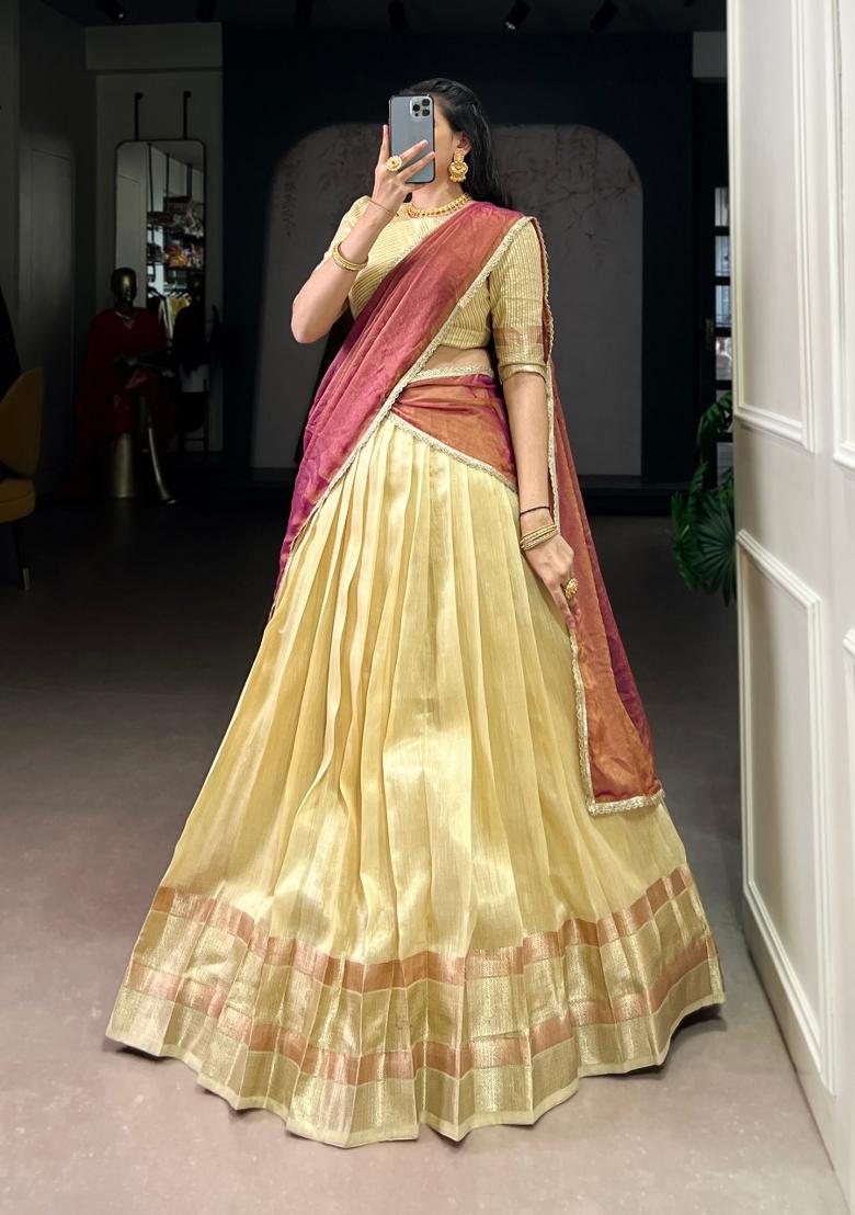 Yellow Zari Weaving Silk Lehenga Set - Indya