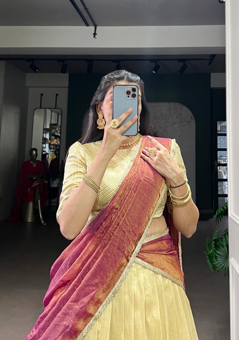Yellow Zari Weaving Silk Lehenga Set - Indya