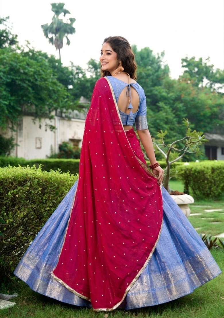 Royal Blue Zari Weaving Kanchipuram Lehenga Set - Indya