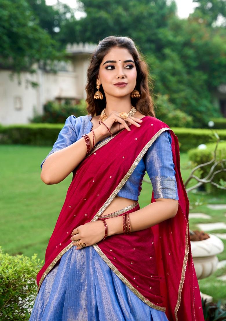 Royal Blue Zari Weaving Kanchipuram Lehenga Set - Indya