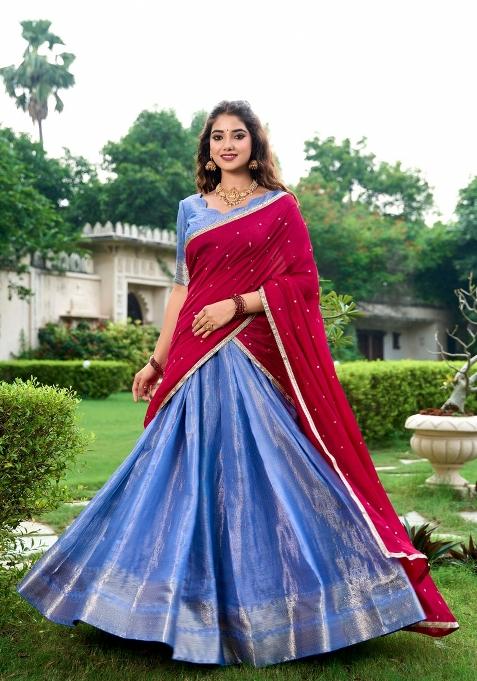 Royal Blue Zari Weaving Kanchipuram Lehenga Set