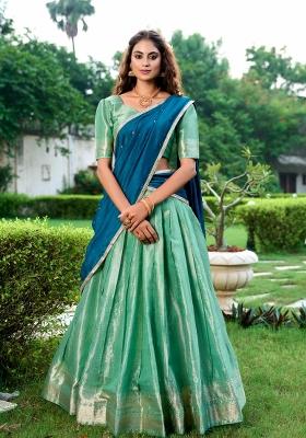 Pista Zari Weaving Kanchipuram Lehenga Set