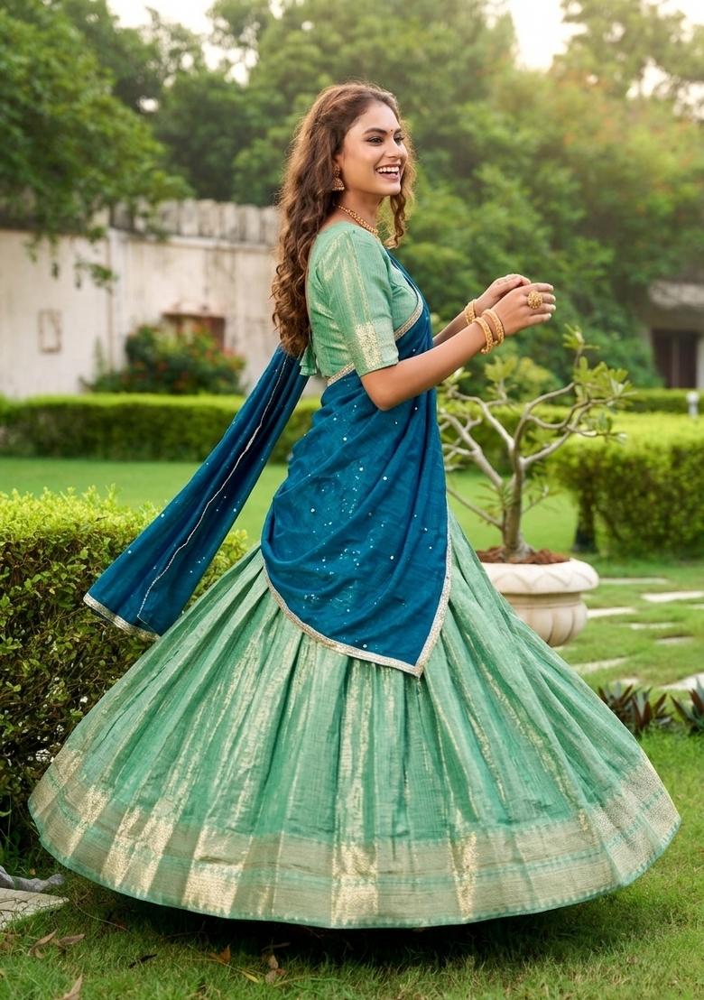 Pista Zari Weaving Kanchipuram Lehenga Set - Indya