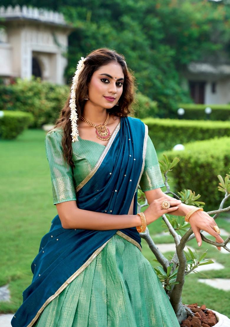 Pista Zari Weaving Kanchipuram Lehenga Set - Indya