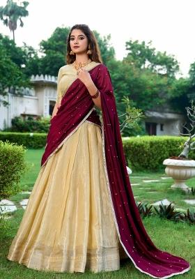 Cream Zari Weaving Kanchipuram Lehenga Set