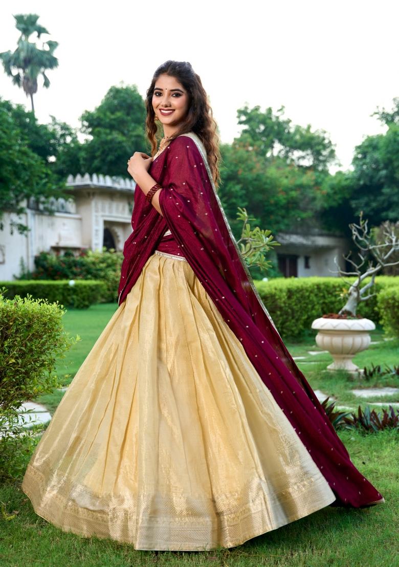Cream Zari Weaving Kanchipuram Lehenga Set - Indya