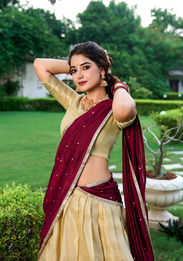 Cream Zari Weaving Kanchipuram Lehenga Set - Indya