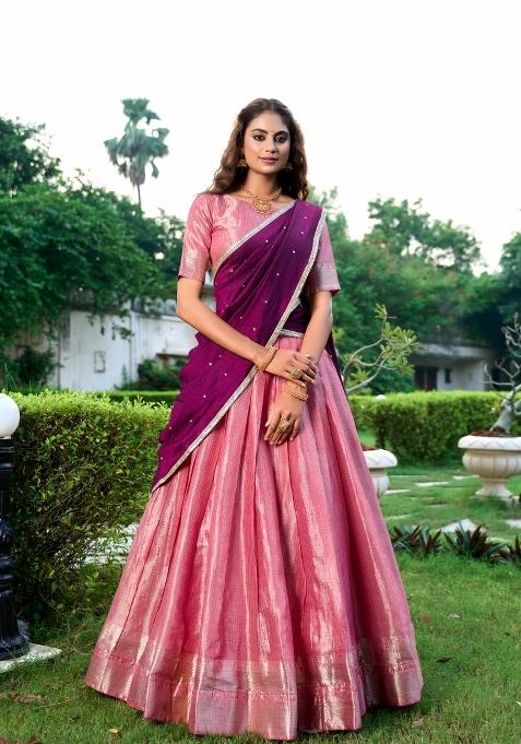 Salmon Pink Zari Weaving Kanchipuram Lehenga Set