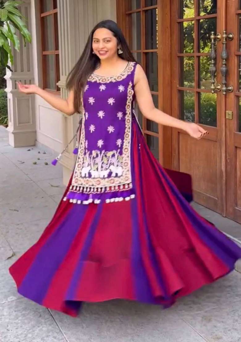 Purple And Pink Sequin Work Silk Chaniya Choli Set For Navratri And Garba for Diwali | Wedding & Festive Wear - Indya