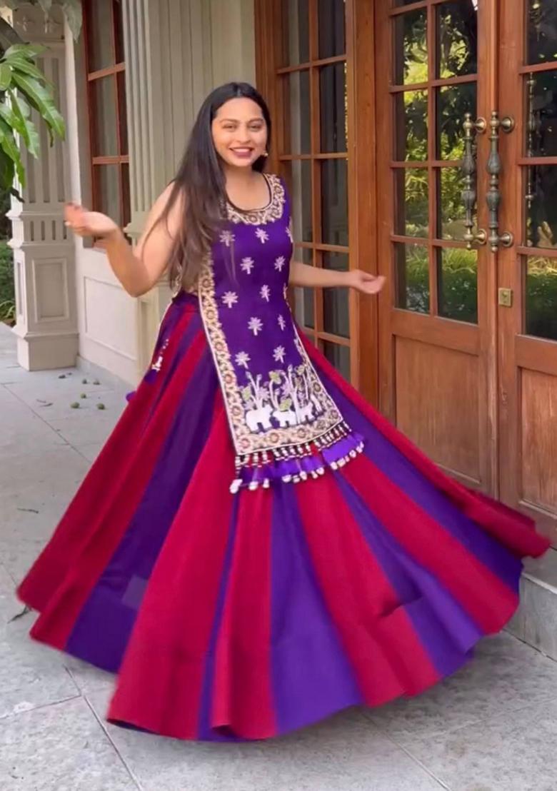 Purple And Pink Sequin Work Silk Lehenga Set - Indya
