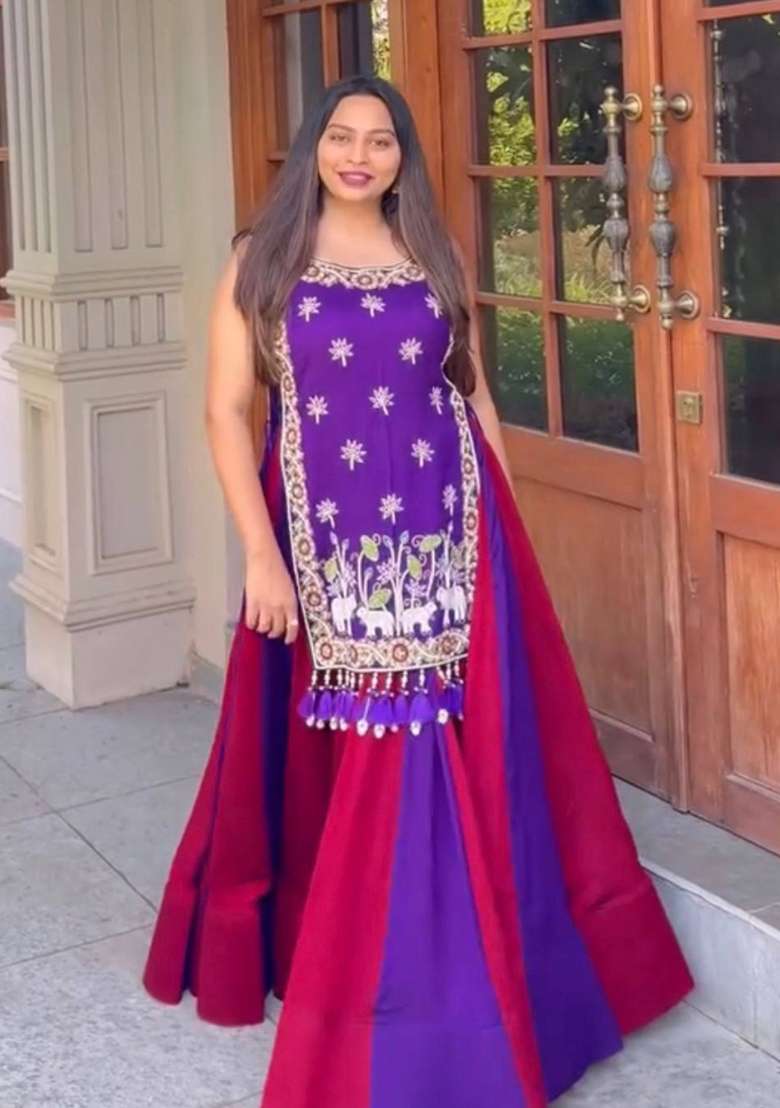Purple And Pink Sequin Work Silk Chaniya Choli Set For Navratri And Garba for Diwali | Wedding & Festive Wear - Indya