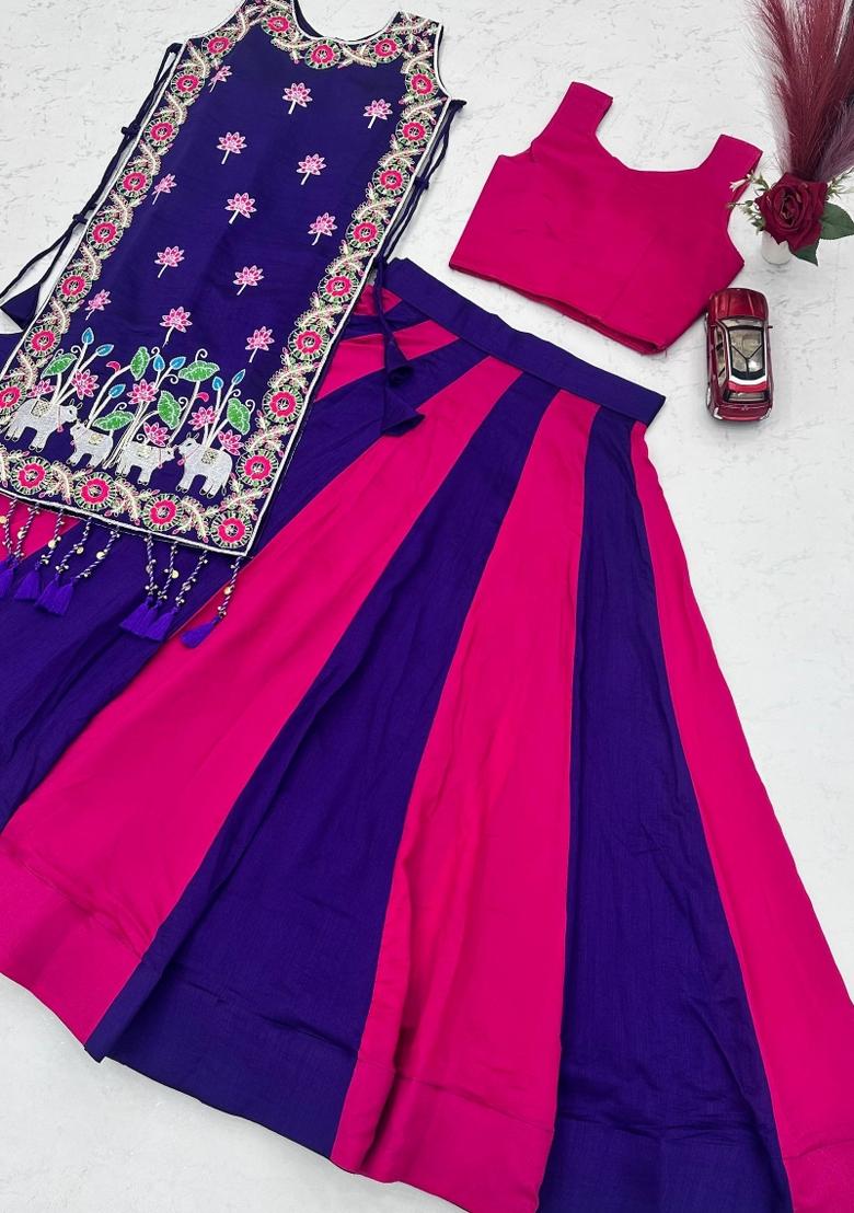 Purple And Pink Sequin Work Silk Lehenga Set - Indya