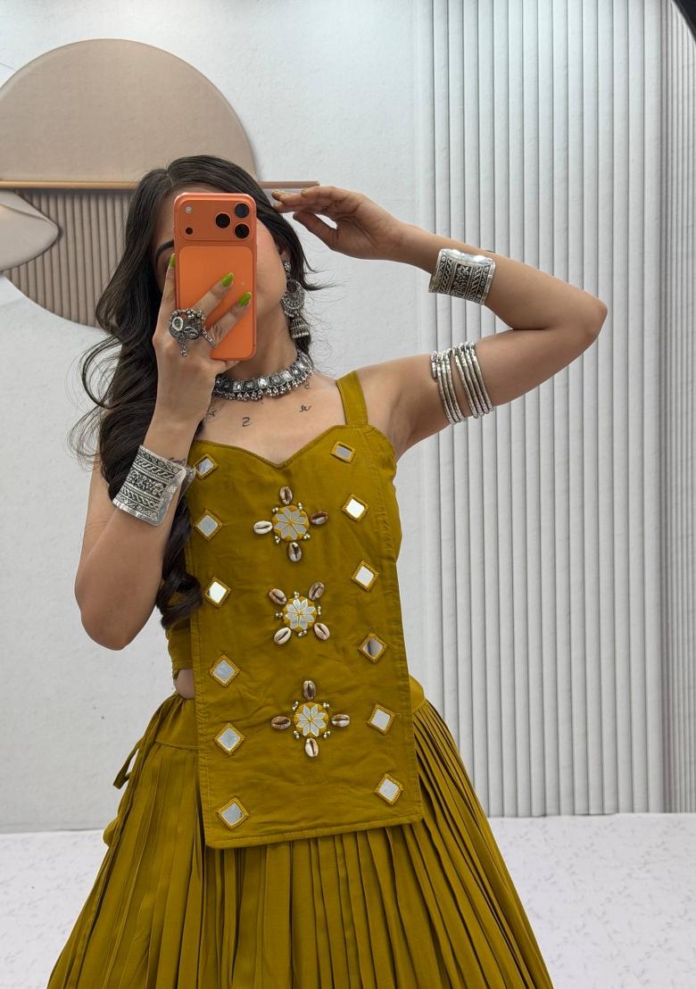 Dark Yellow Mirror Work Cotton Lehenga Set - Indya