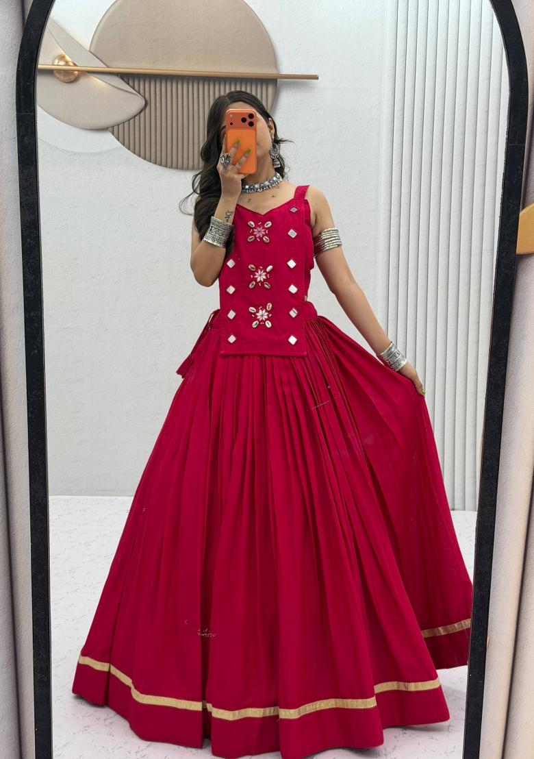 Rani Pink Mirror Work Cotton Lehenga Set - Indya
