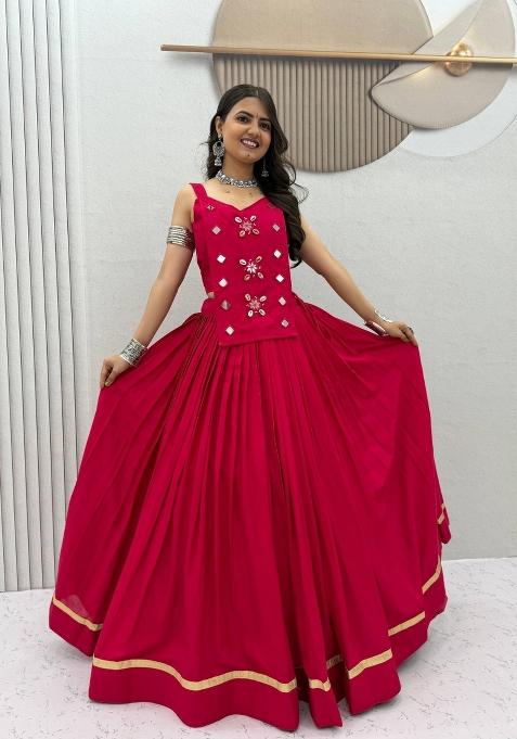 Rani Pink Mirror Work Cotton Chaniya Choli Set For Navratri And Garba