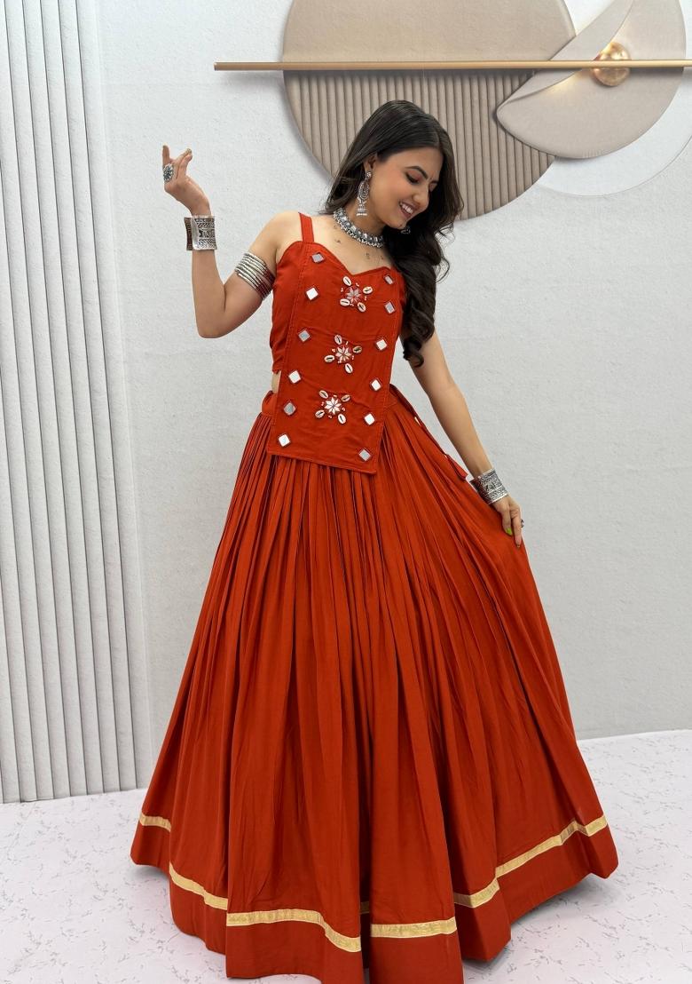 Rust Mirror Work Cotton Lehenga Set - Indya