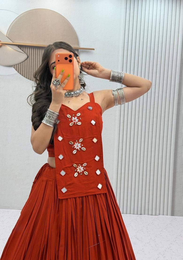 Rust Mirror Work Cotton Lehenga Set - Indya