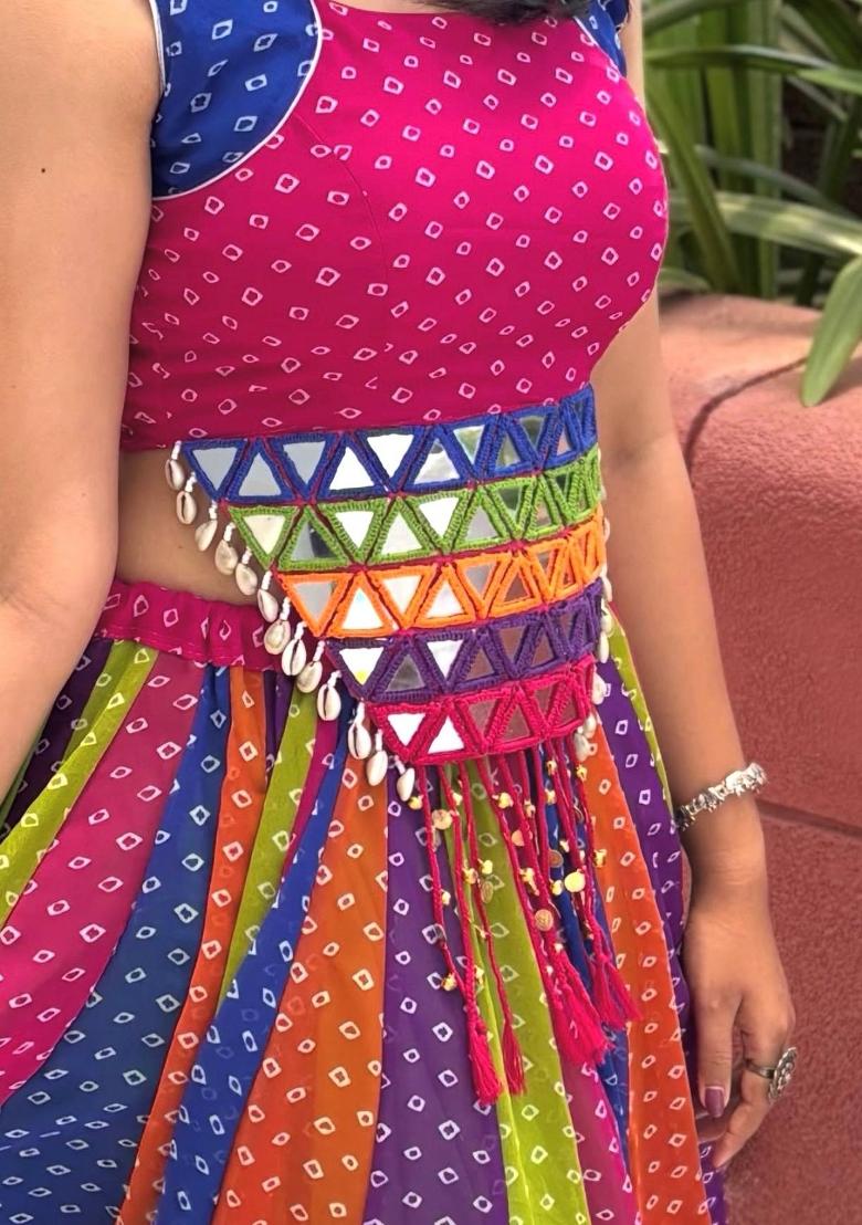 Multicolor Mirror Work Cotton Lehenga Set - Indya