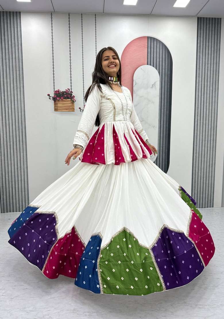 White Cotton Chaniya Choli Set For Navratri And Garba for Diwali and Festive Wear - Indya