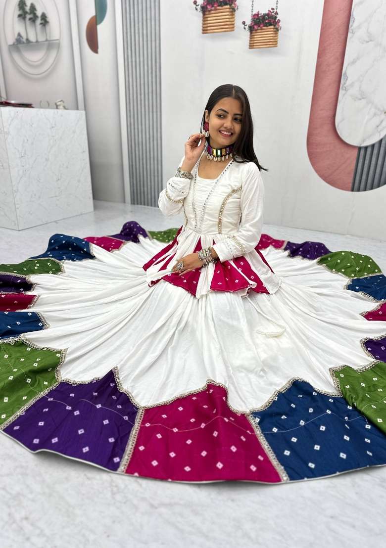 White Cotton Chaniya Choli Set For Navratri And Garba for Diwali and Festive Wear - Indya