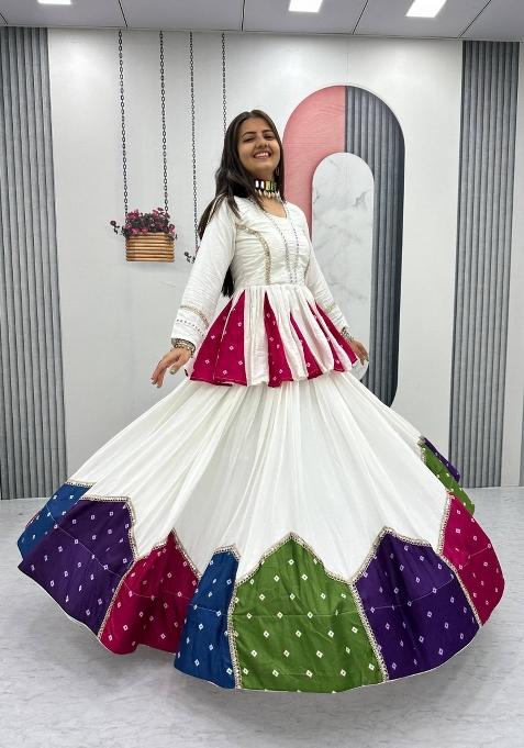 White Cotton Chaniya Choli Set For Navratri And Garba