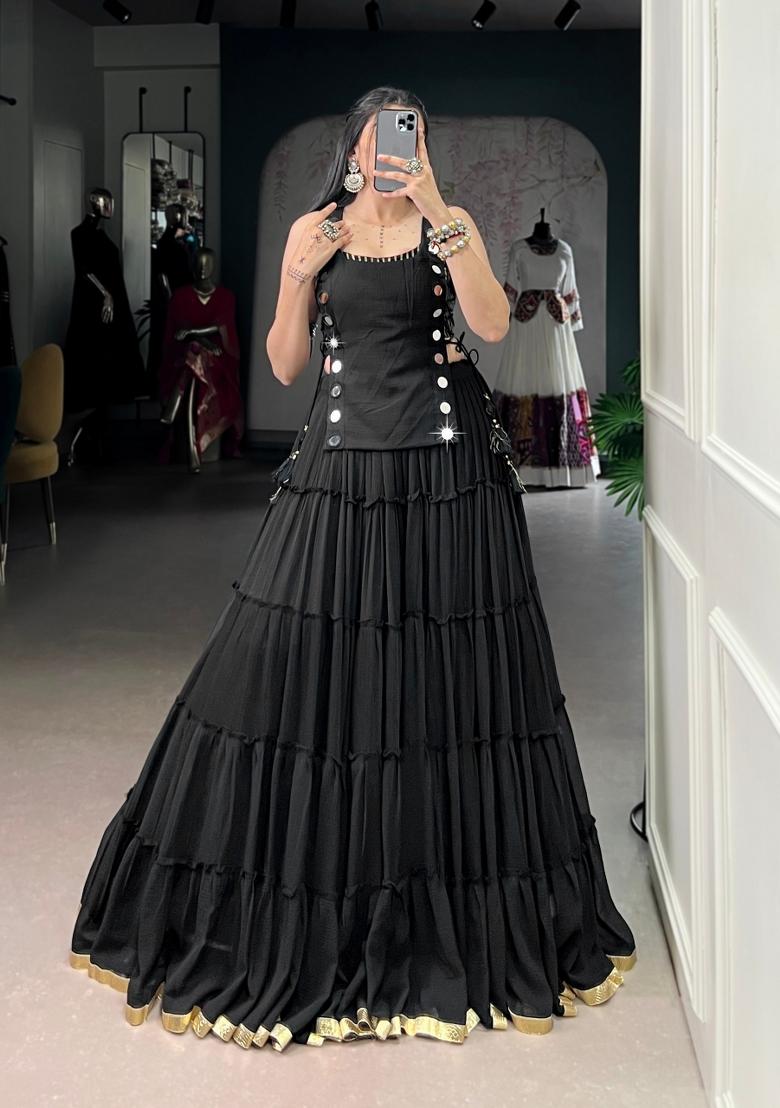 Black Mirror Work Feather Light Fabric Lehenga Set - Indya