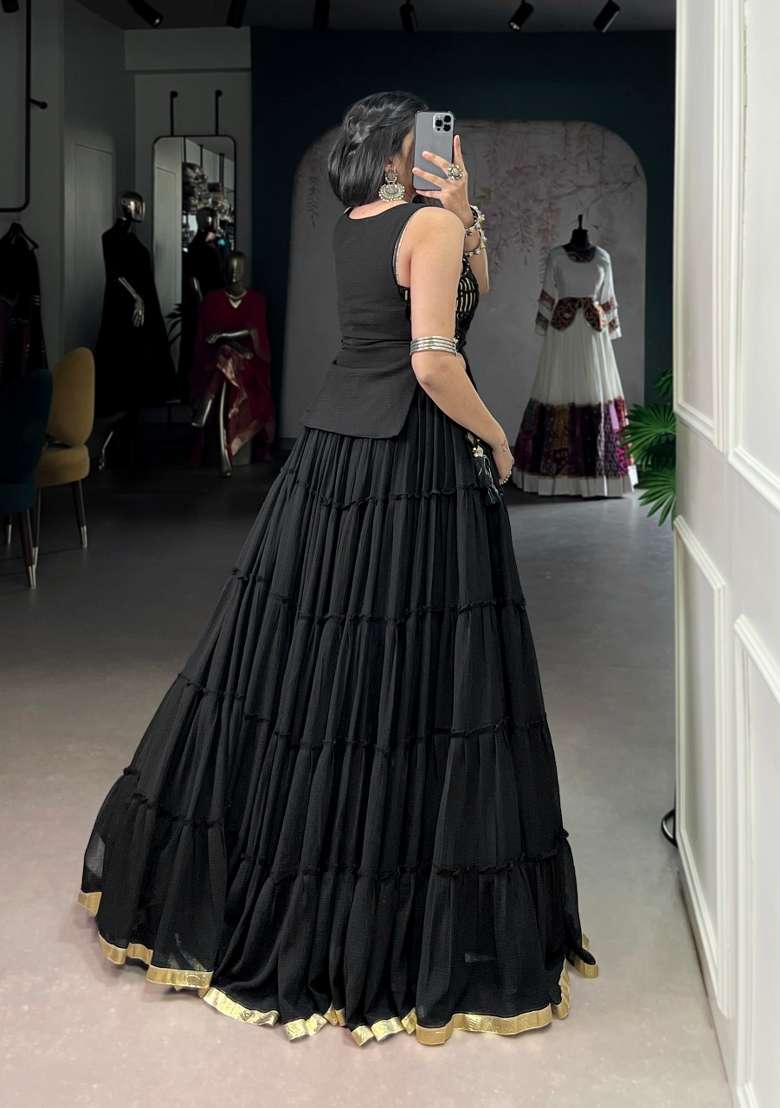 Black Mirror Work Feather Light Fabric Chaniya Choli Set For Navratri And Garba for Diwali | Wedding & Festive Wear - Indya