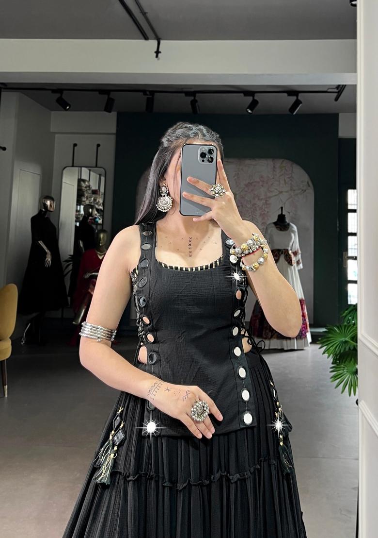 Black Mirror Work Feather Light Fabric Lehenga Set - Indya