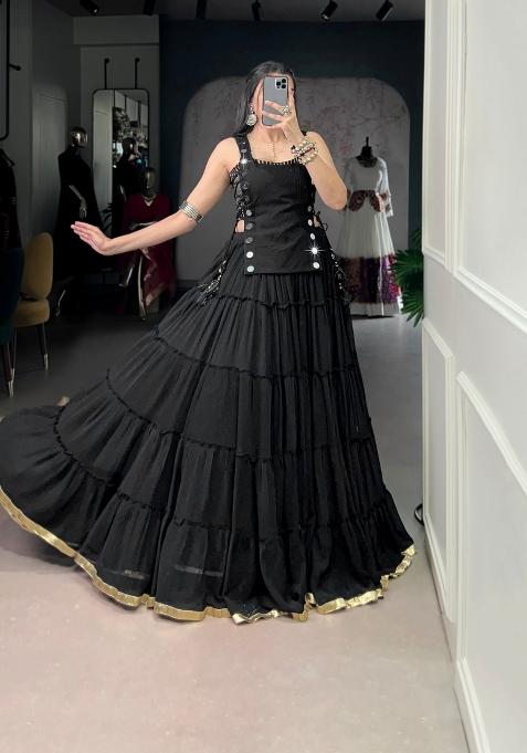 Black Mirror Work Feather Light Fabric Chaniya Choli Set For Navratri And Garba