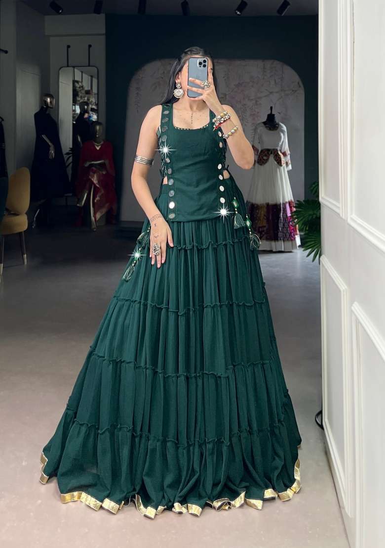 Green Mirror Work Feather Light Fabric Chaniya Choli Set For Navratri And Garba for Diwali and Festive Wear - Indya