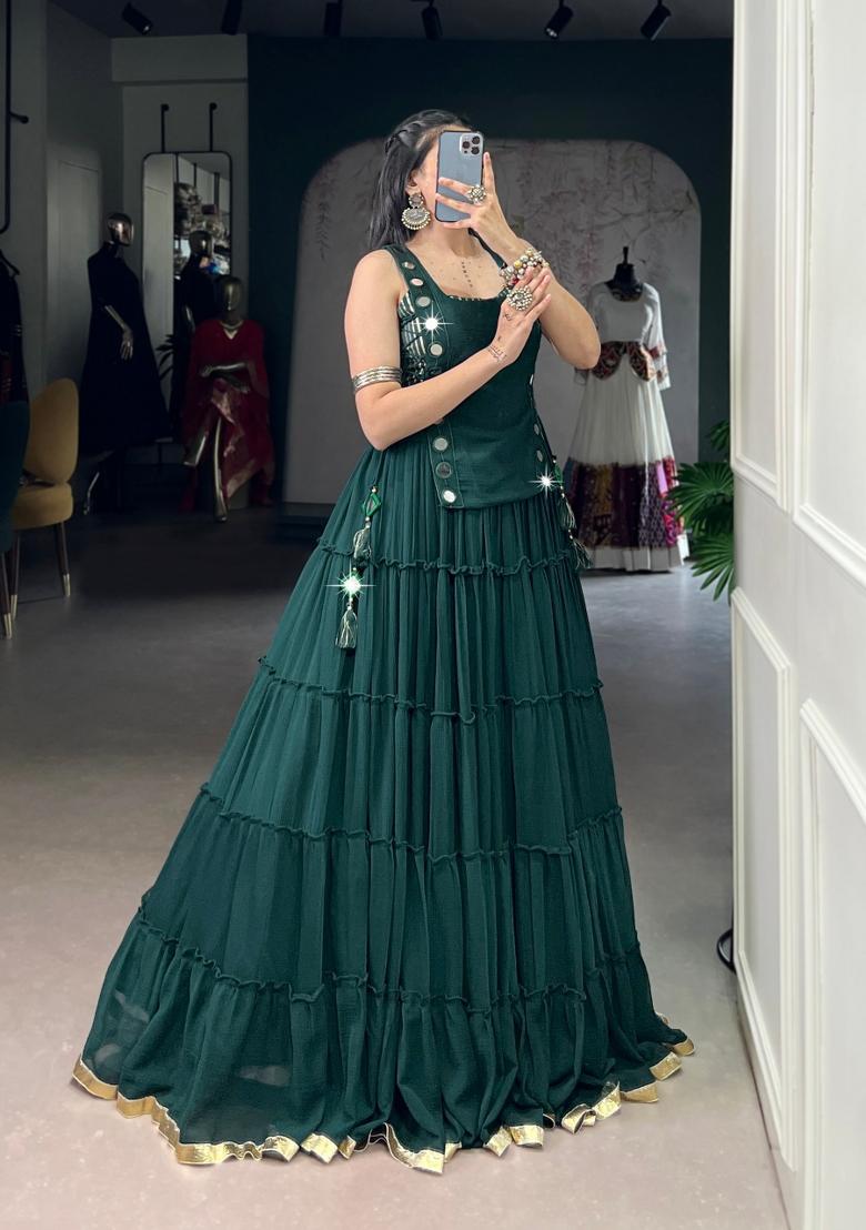 Green Mirror Work Feather Light Fabric Lehenga Set - Indya