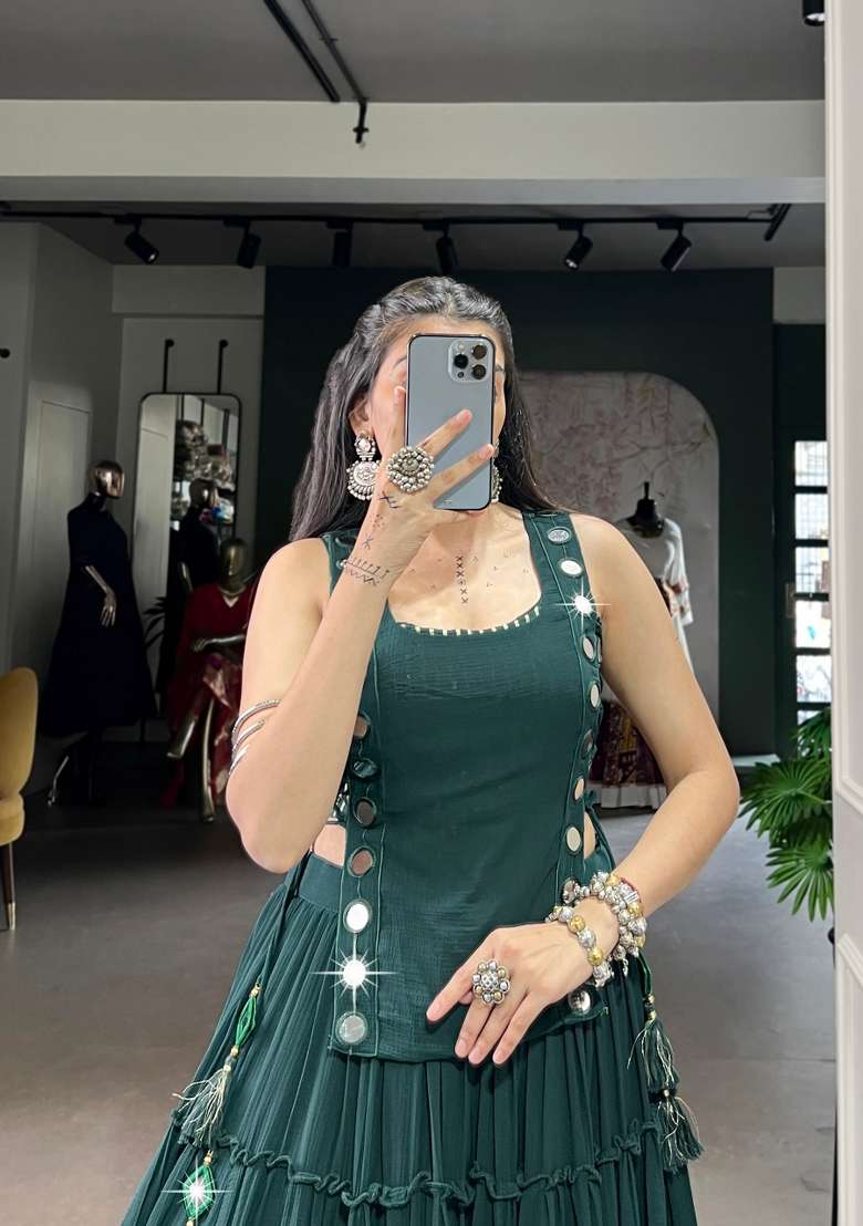 Green Mirror Work Feather Light Fabric Chaniya Choli Set For Navratri And Garba for Diwali and Festive Wear - Indya