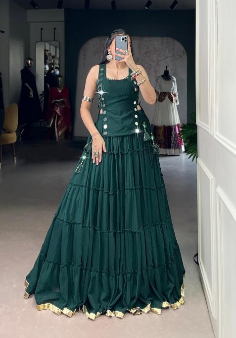 Green Mirror Work Feather Light Fabric Chaniya Choli Set For Navratri And Garba