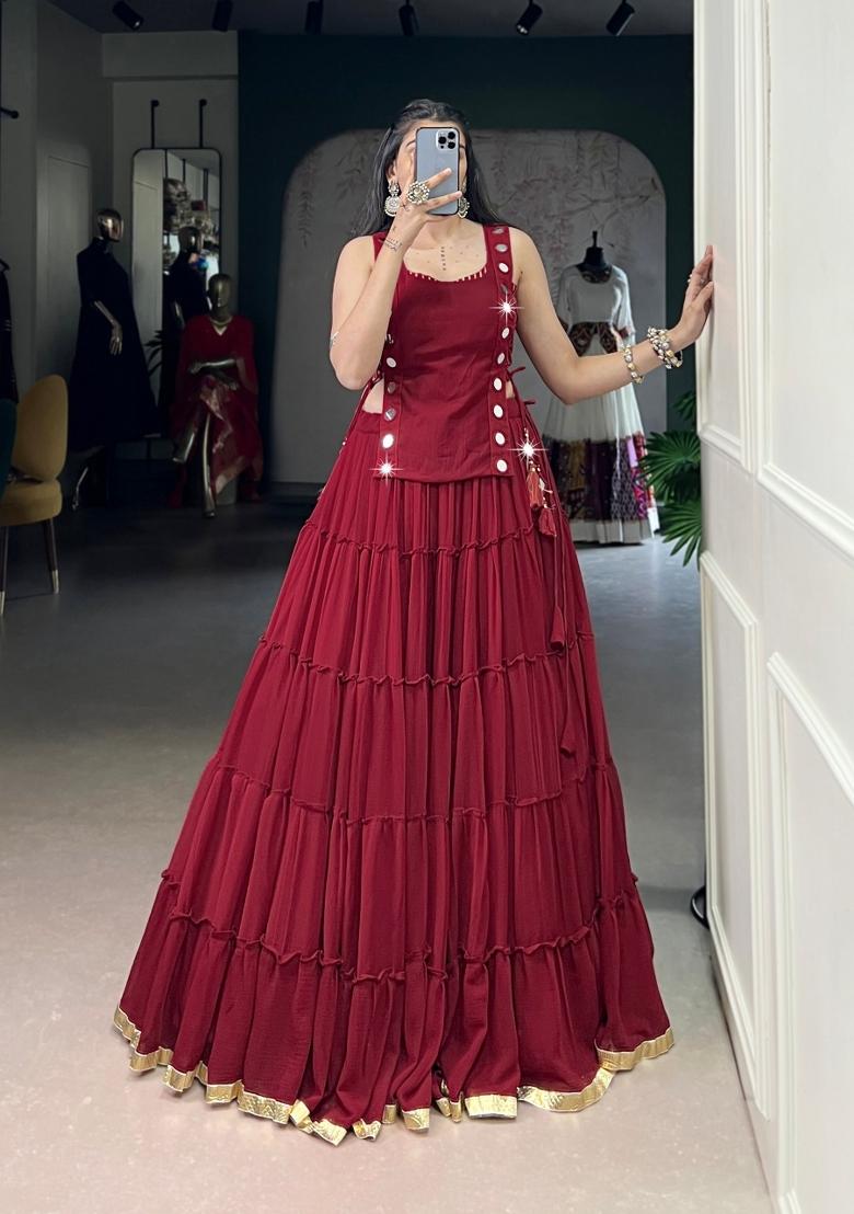 Maroon Mirror Work Feather Light Fabric Lehenga Set - Indya