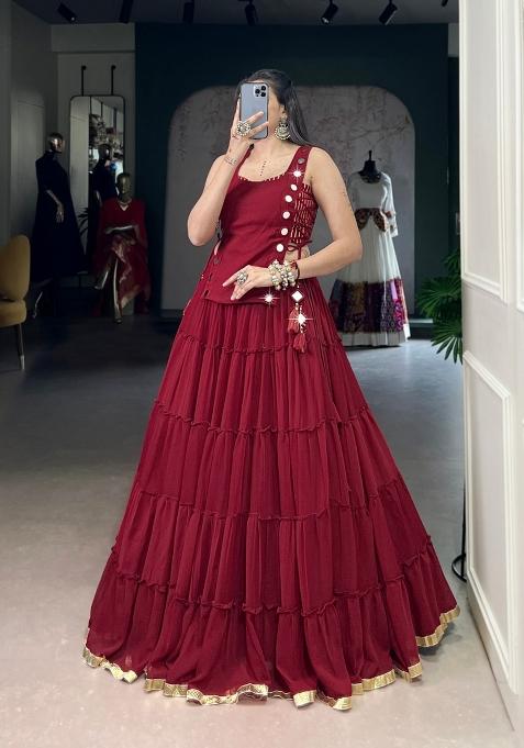 Maroon Mirror Work Feather Light Fabric Chaniya Choli Set For Navratri And Garba